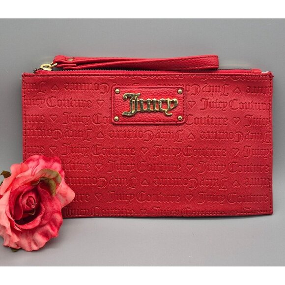 NWOT Juicy Couture Wristlet Wallet Red Faux Leather Logo Embossed Clutch - Picture 1 of 10